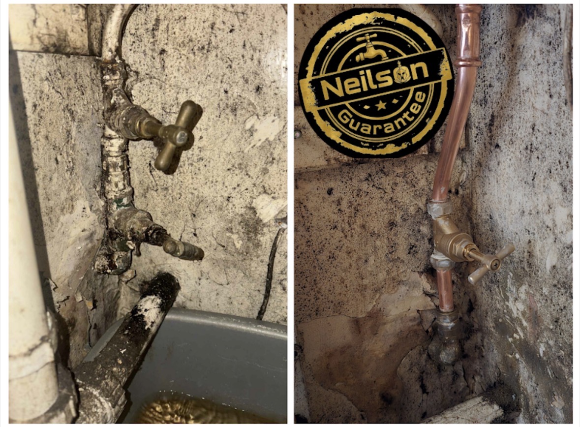 Before and after of corroded pipework replaced with new copper pipe and isolation valve